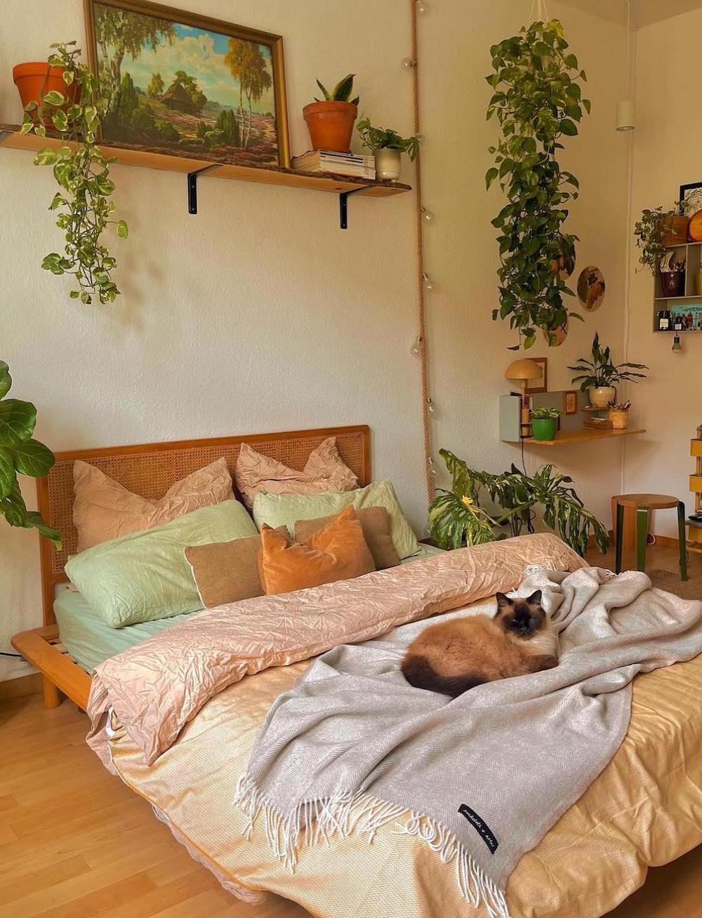 a boho bedroom featuring shades of pink, orange, and green filled with natural wood pieces and plants