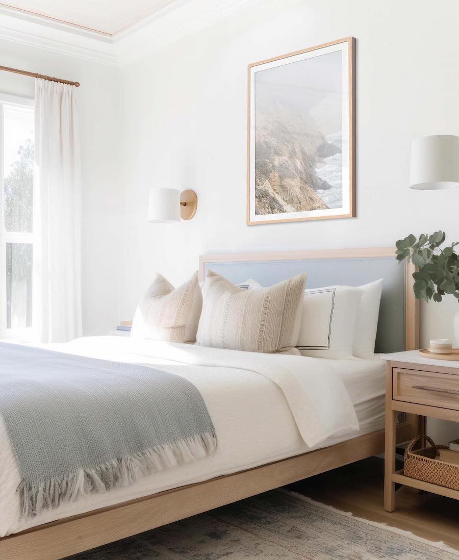 a beach-themed bedroom with pastel blue and white decor and furnishings