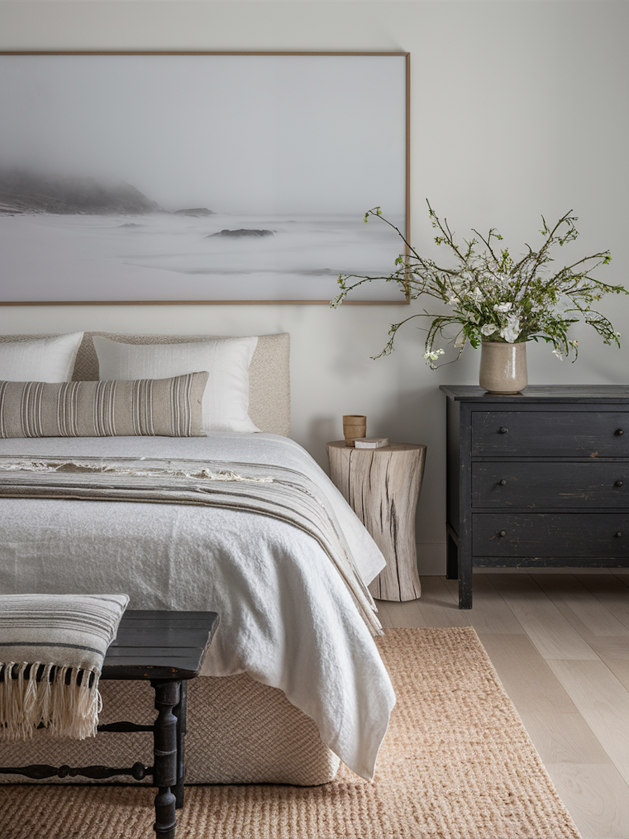 a coastal bedroom with grey and beige tones