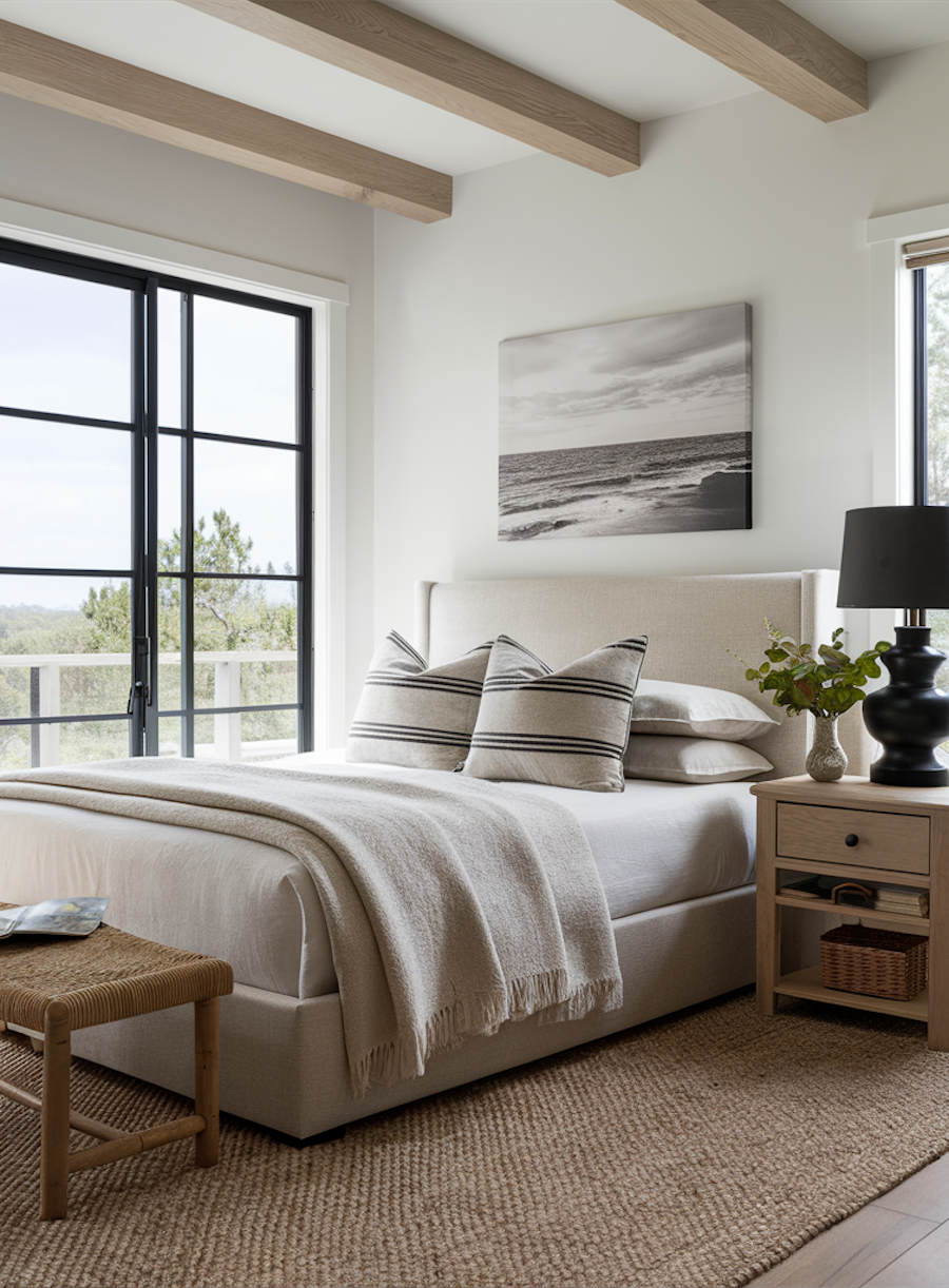 a neutral coastal bedroom featuring shades like oatmeal, beige, and black