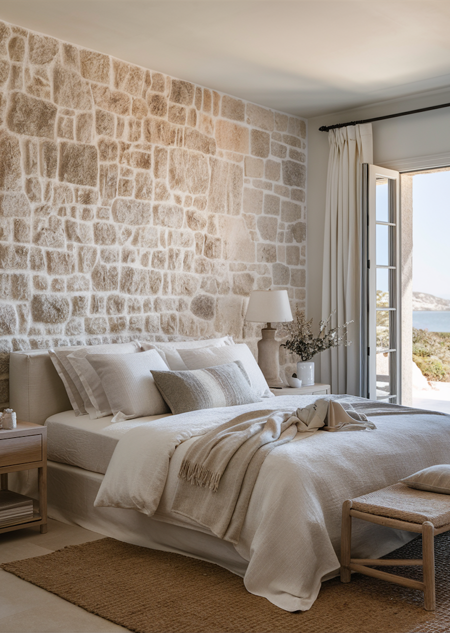 a coastal-themed room with a stone accent wall and neutral furnishings