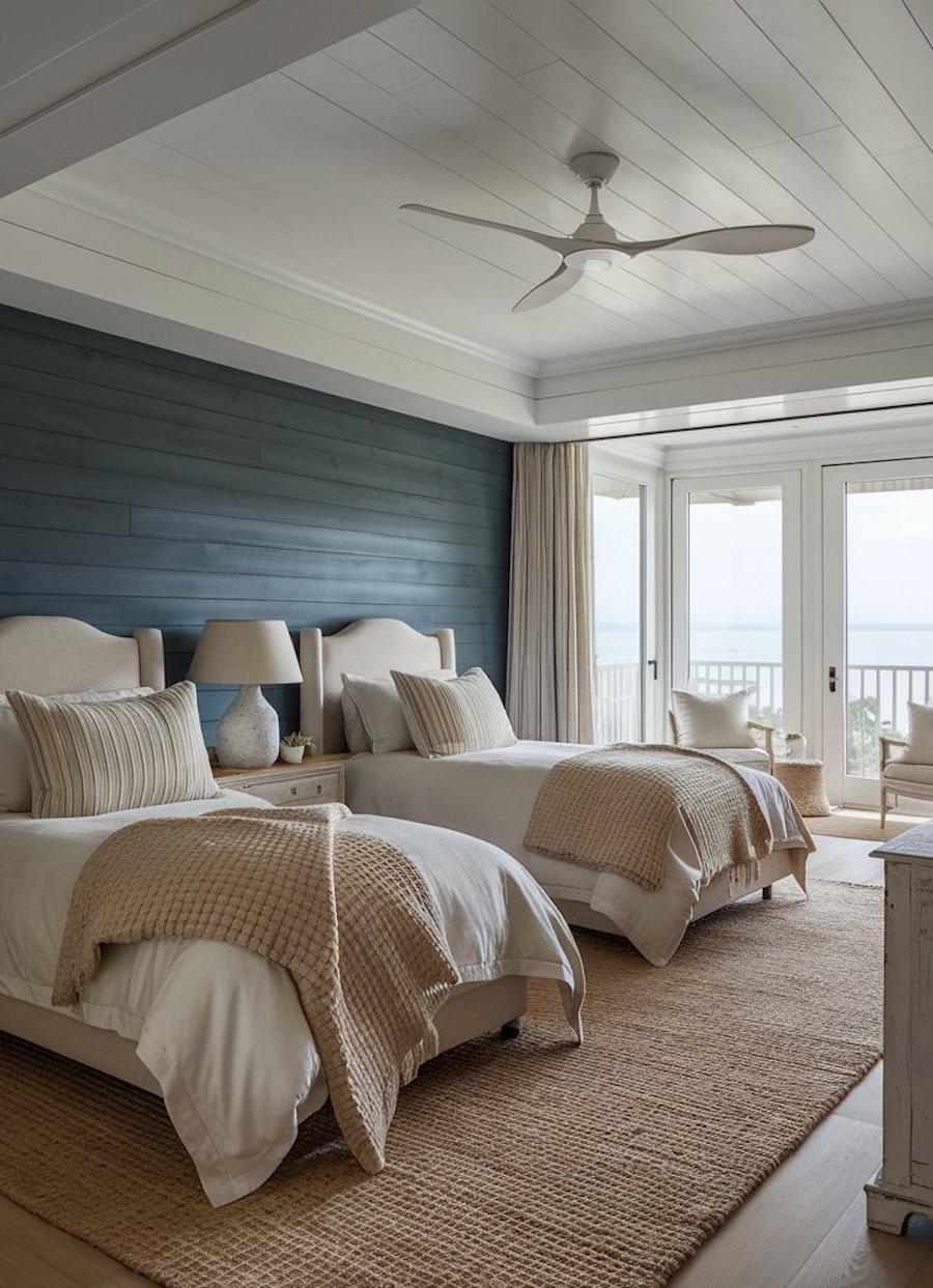 a beachy bedroom with a deep blue accent wall and white and beige decor