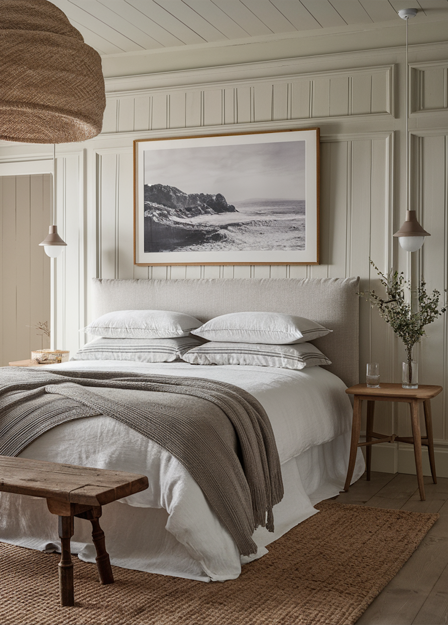 a warm-toned coastal bedroom with natural elements and landscape art