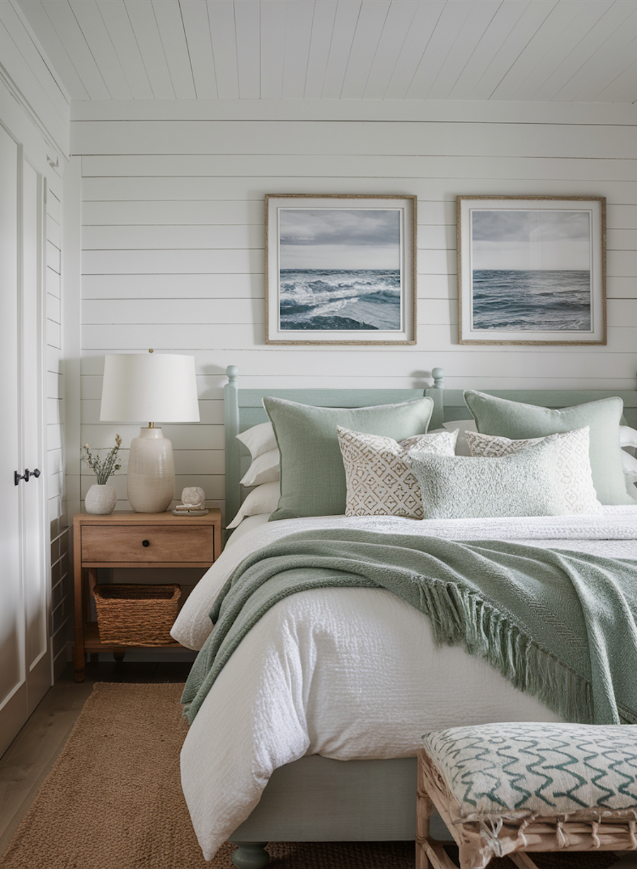 a coastal themed bedroom with ivory and sage green tones and ocean wall art
