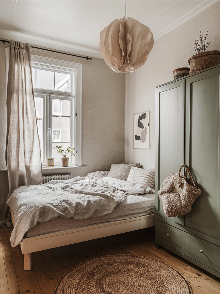 a bedroom with feminine decor, a green wardrobe, and modern touches
