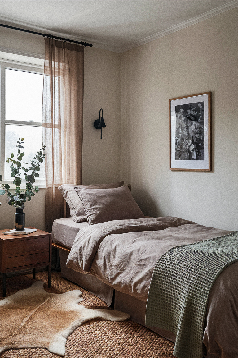 a bedroom with grey, green, and brown tones and natural elements