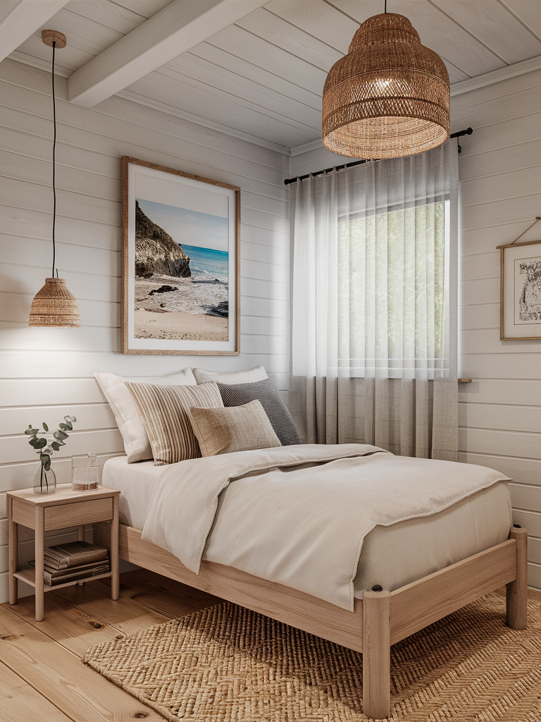 a bedroom with coastal decor featuring cream, beige, and natural wood