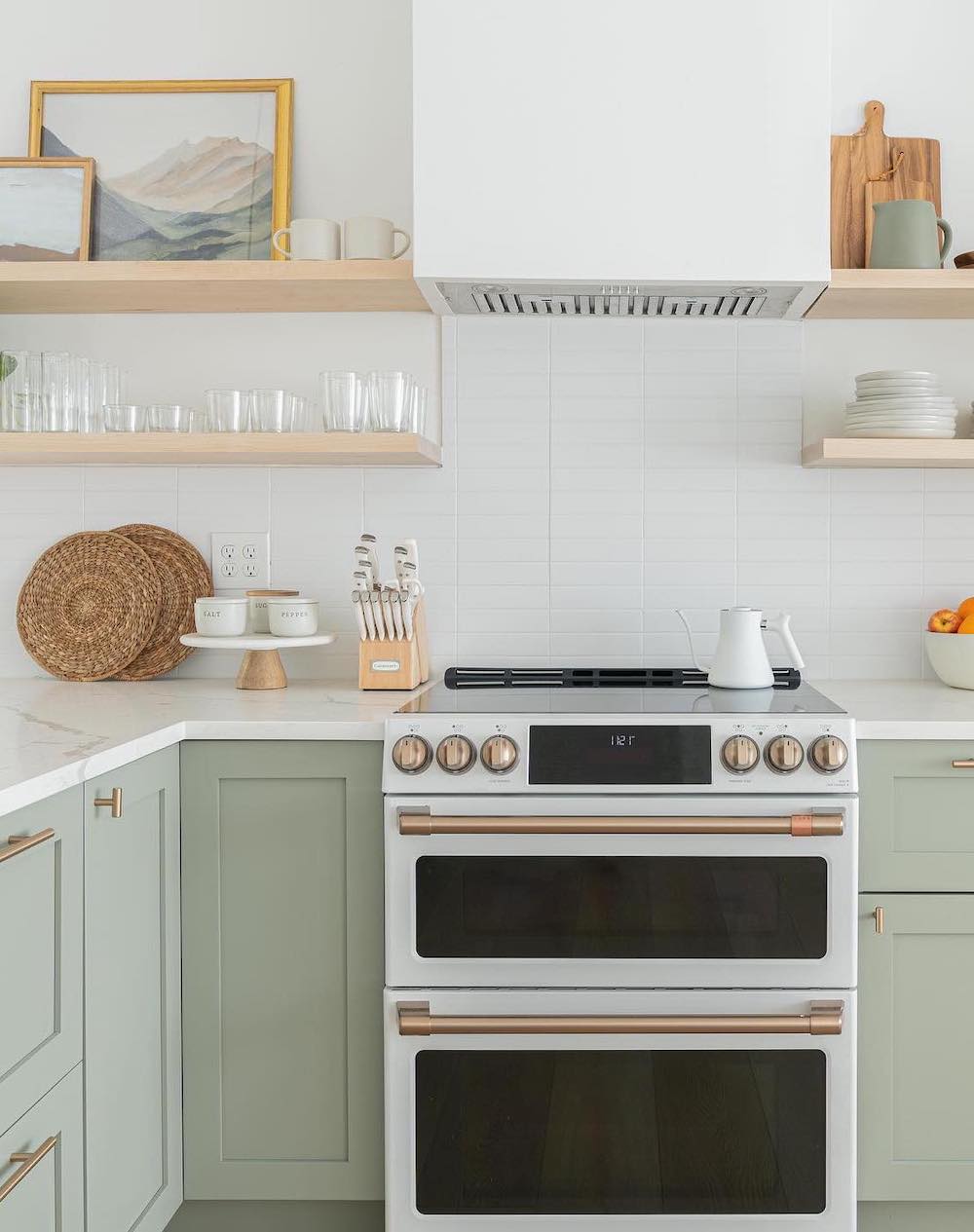 a green and white boho kitchen with pieces from Ikea