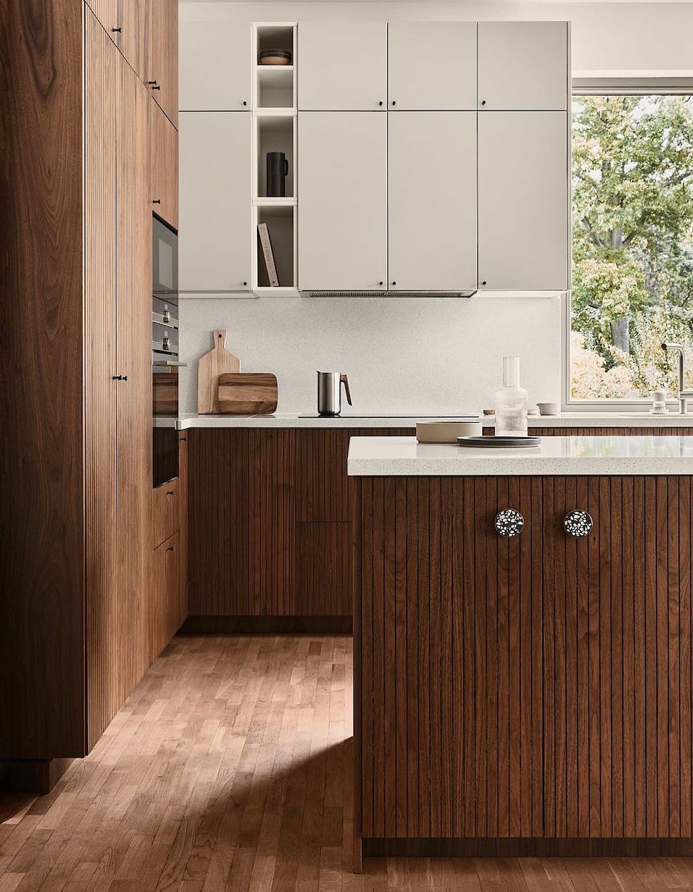 kitchen with pieces from Ikea featuring white and dark wood tones