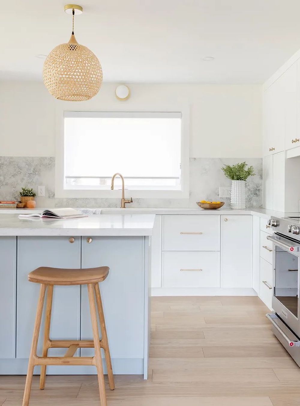 a soft blue and white boho kitchen with pieces from Ikea