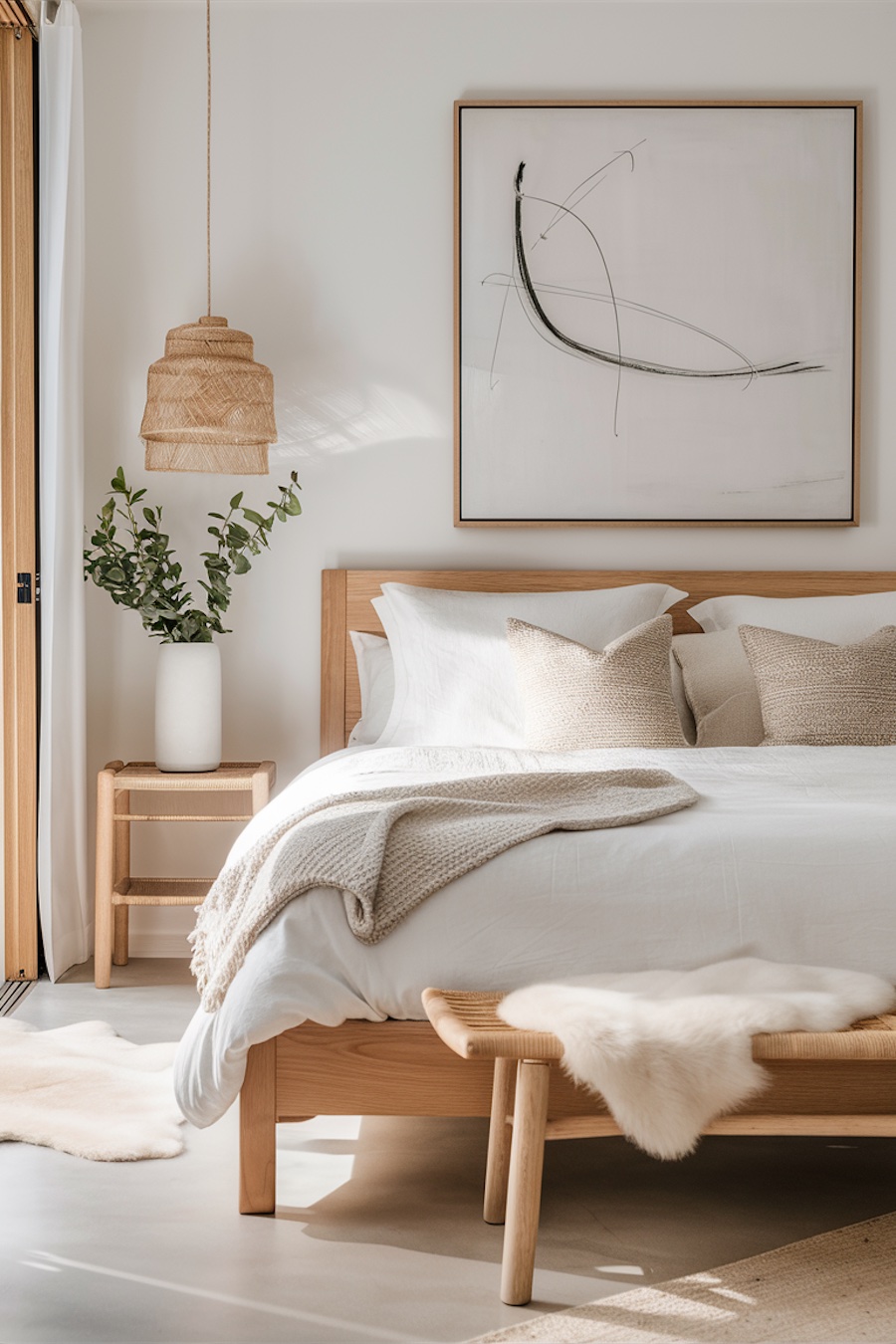 a modern bedroom featuring natural wood, ivory bedding, natural materials, and abstract contemporary art