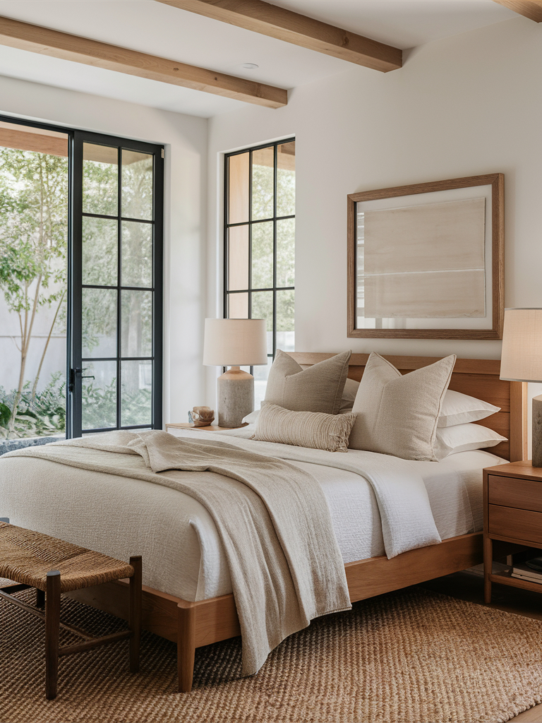a modern bedroom with earthy neutrals and simple decor