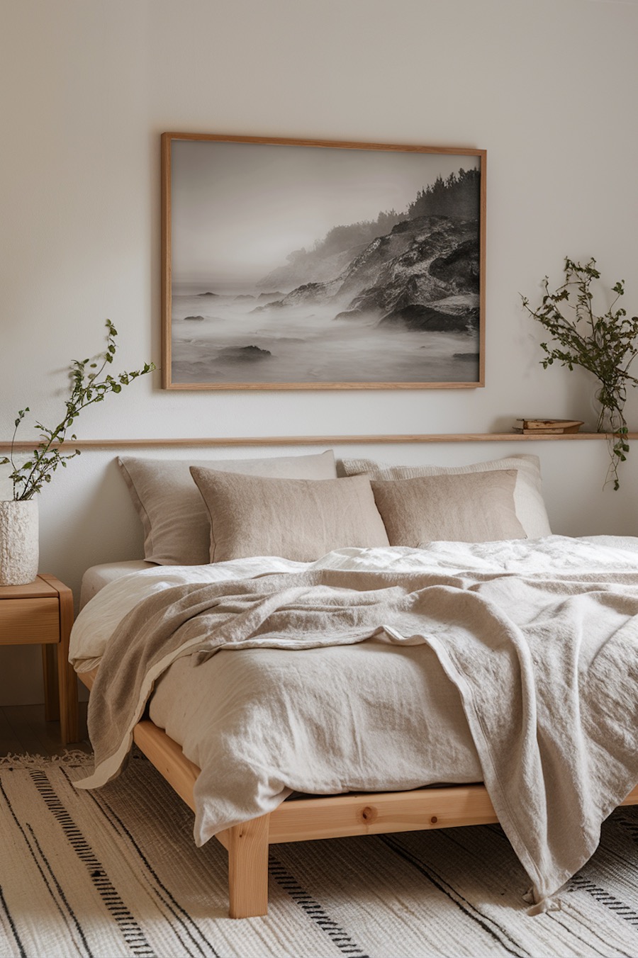 an organic modern bedroom featuring ecru linens, a misty oceanside art print, and real plants