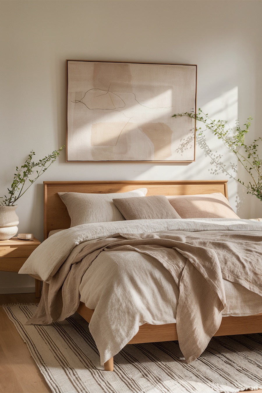 a bright and earthy bedroom featuring organic modern decor