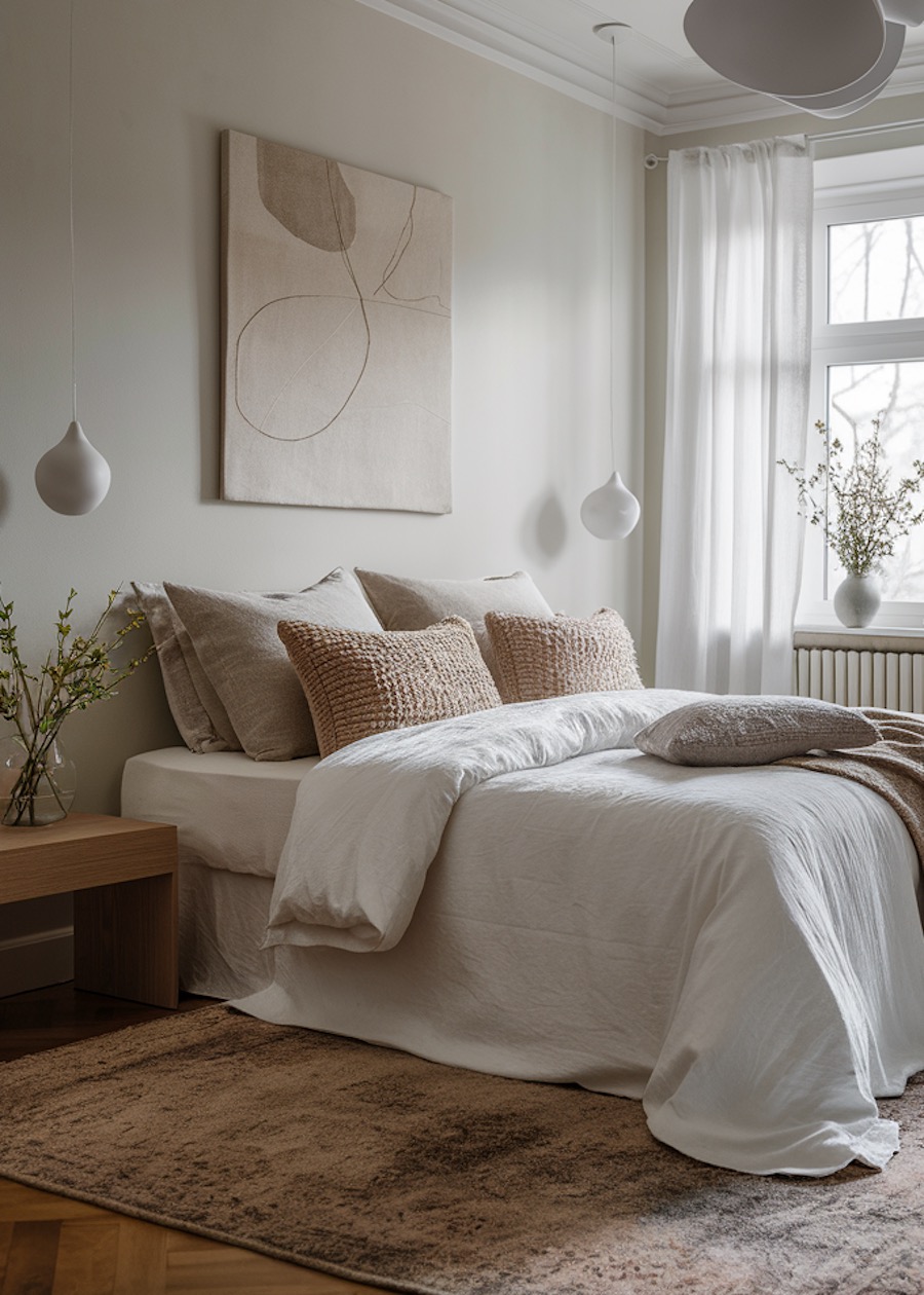 an organic modern bedroom featuring ivory bedding, natural materials, and abstract contemporary art