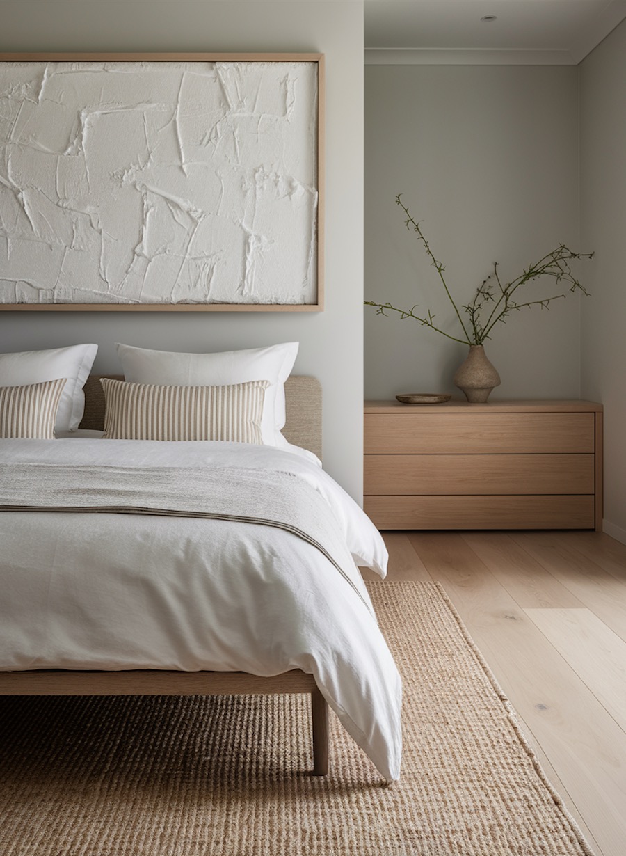 a modern bedroom featuring natural wood, ecru bedding, natural houseplants, and abstract art