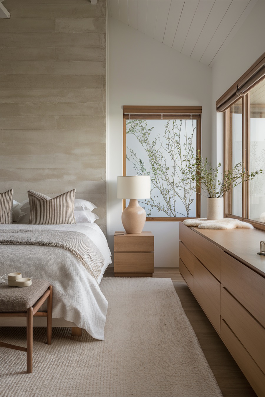 a modern bedroom featuring natural wood, ivory and ecru bedding, and houseplants