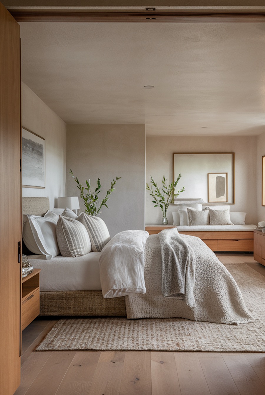 an organic modern bedroom featuring houseplants, light wood furniture, and minimal decor