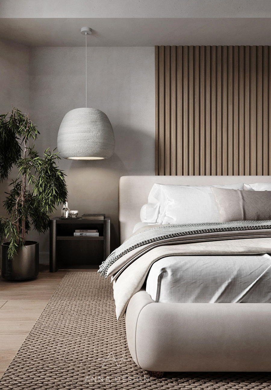 an organic modern bedroom featuring a wooden slat accent wall, a large houseplant, and ivory and grey tones
