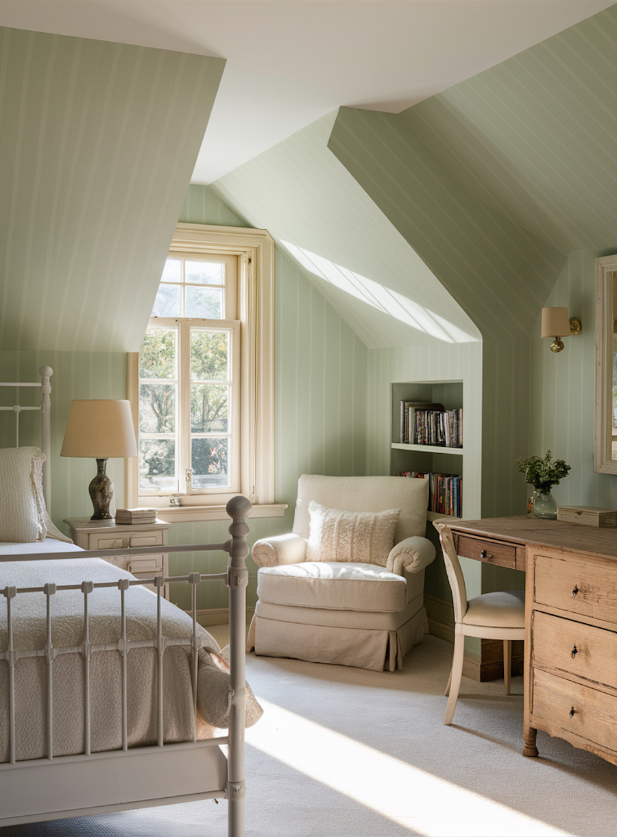 a bedroom with sage green walls, vintage furniture, and bright tones