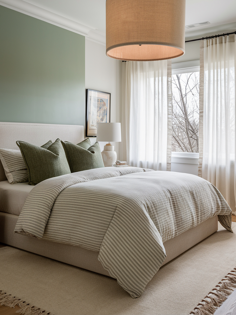 a minimalist bedroom with a sage green accent wall and other green accents