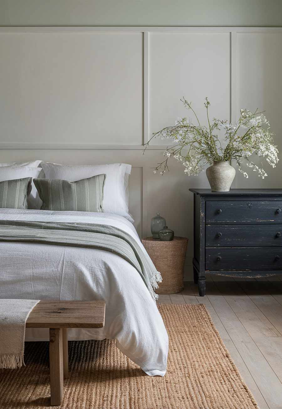 a sage green bedroom with minimal decor