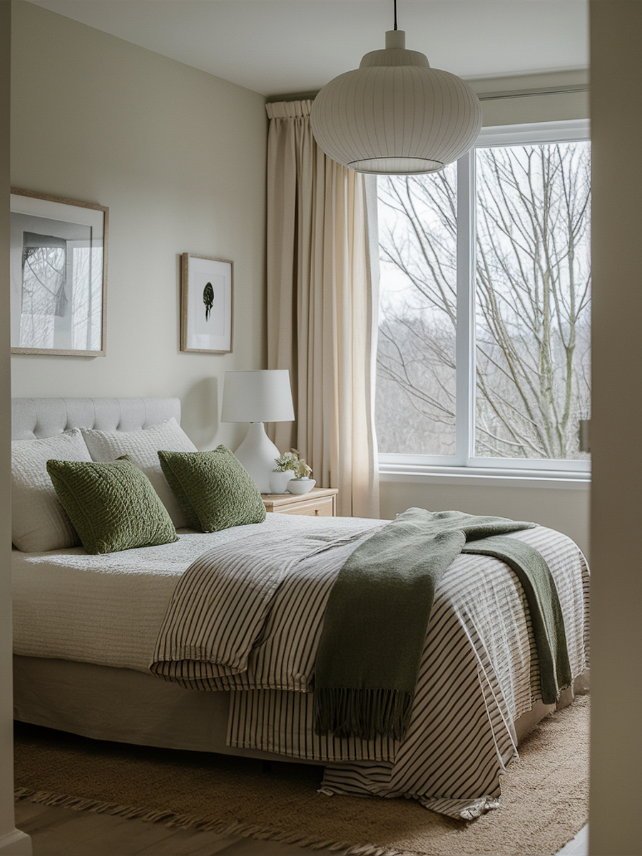 a bedroom with sage green walls, pillows, and throw blankets along with white and cream decor