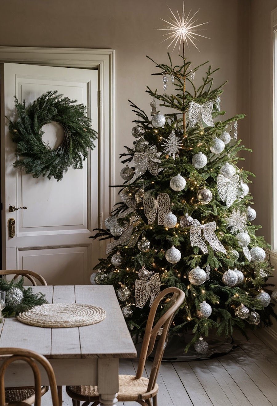 a christmas tree with silver ornaments and bows and a star topper