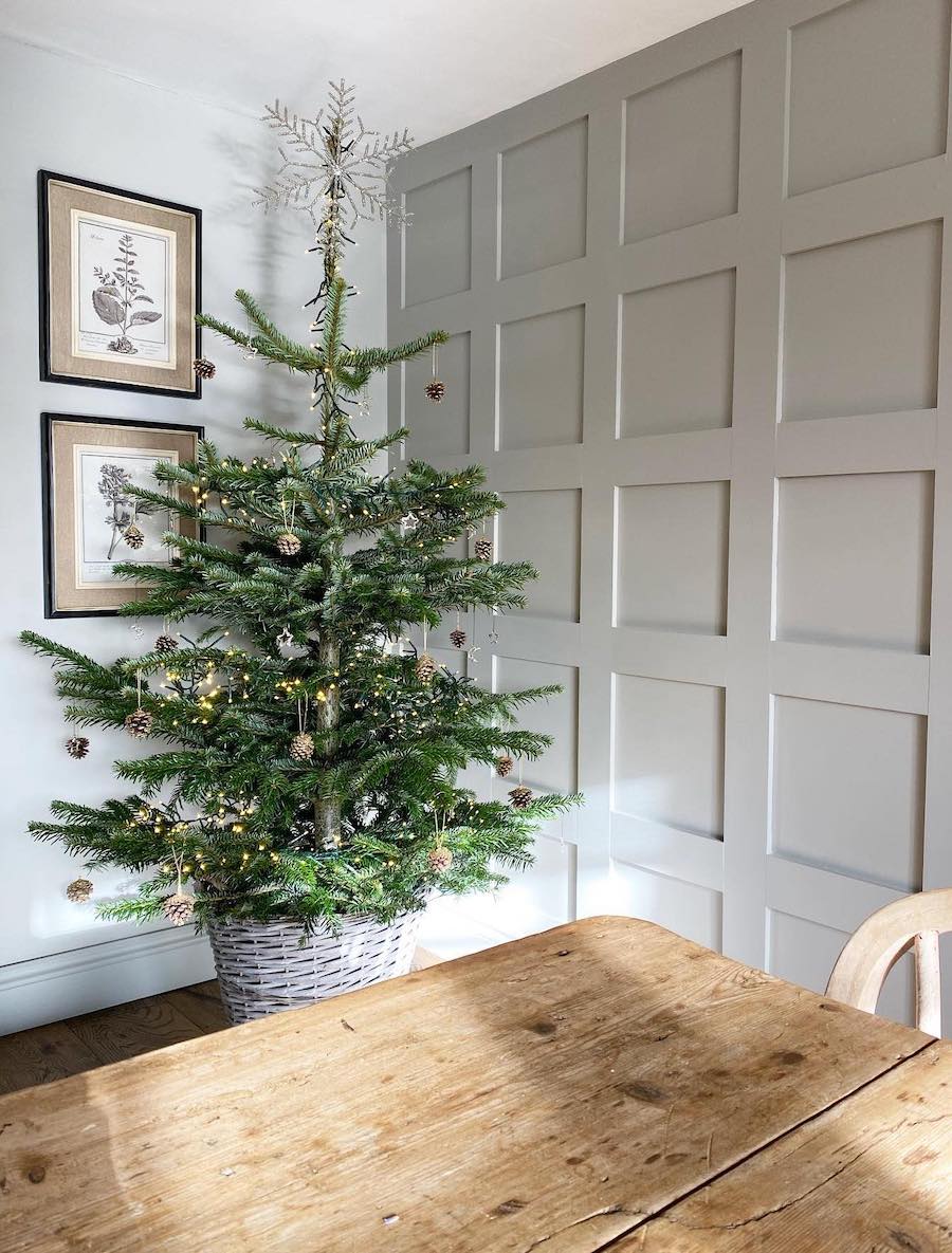 a christmas tree with a snowflake topper, pinecones, and lights