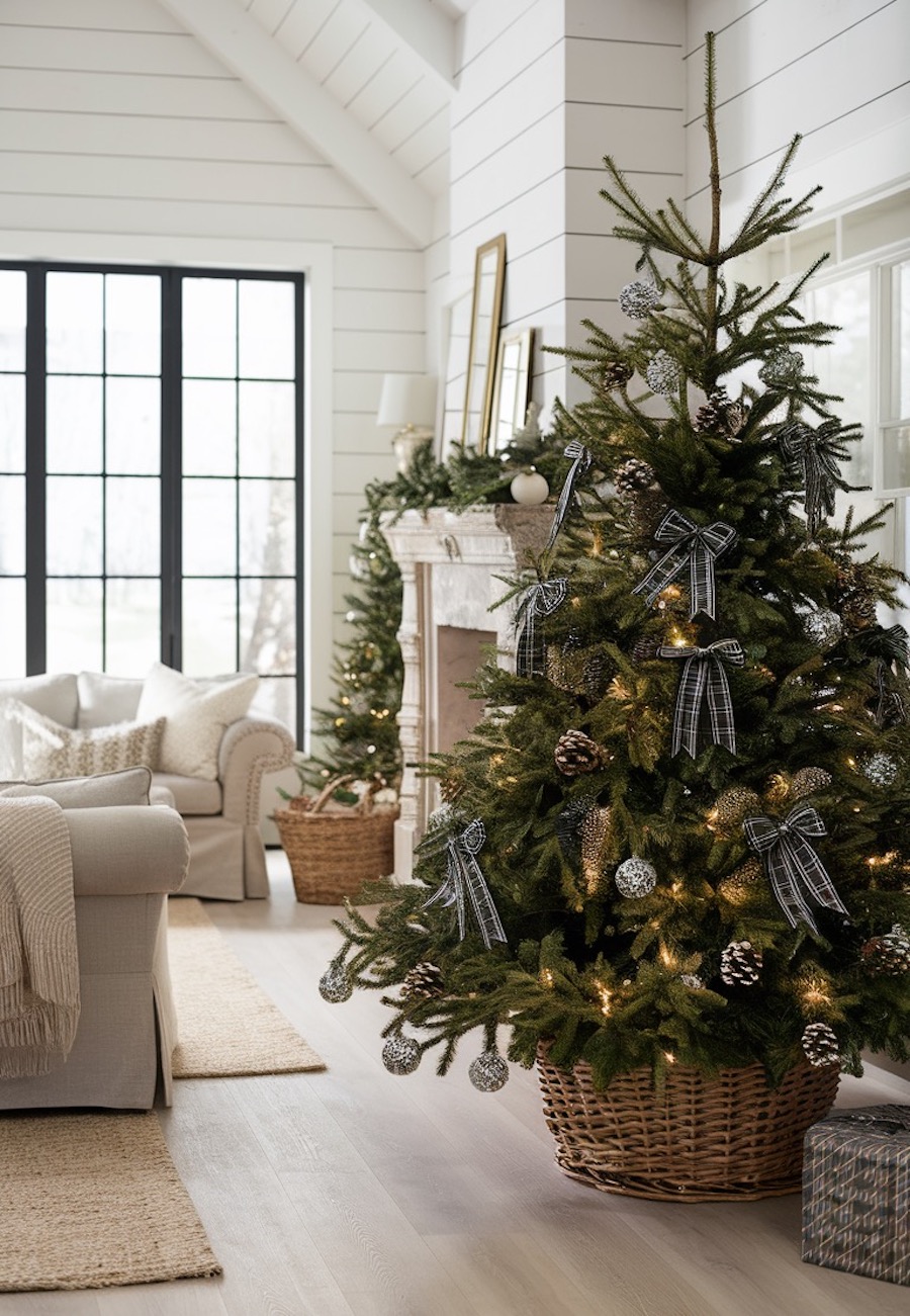 a christmas tree with silver ornaments, plaid bows, and pinecones