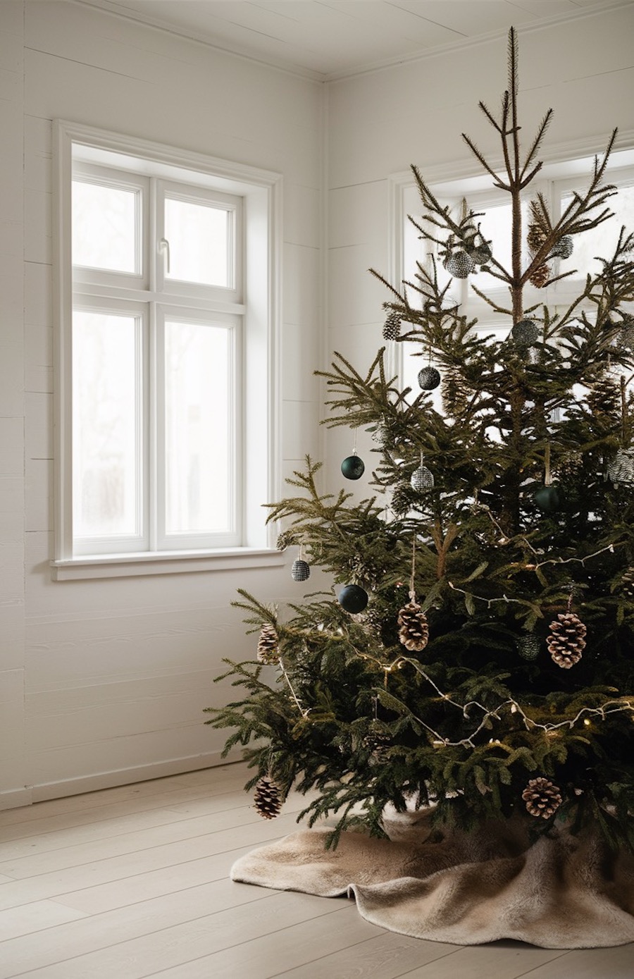 a christmas tree with navy and silver ornaments and pinecones