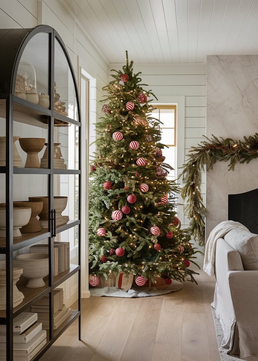 a christmas tree with red ornaments