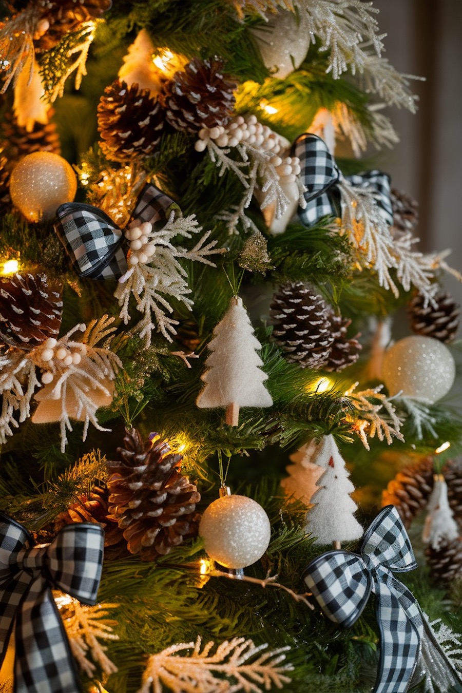 a christmas tree with plaid bows, pinecones, white trees, and sparkly white ornaments