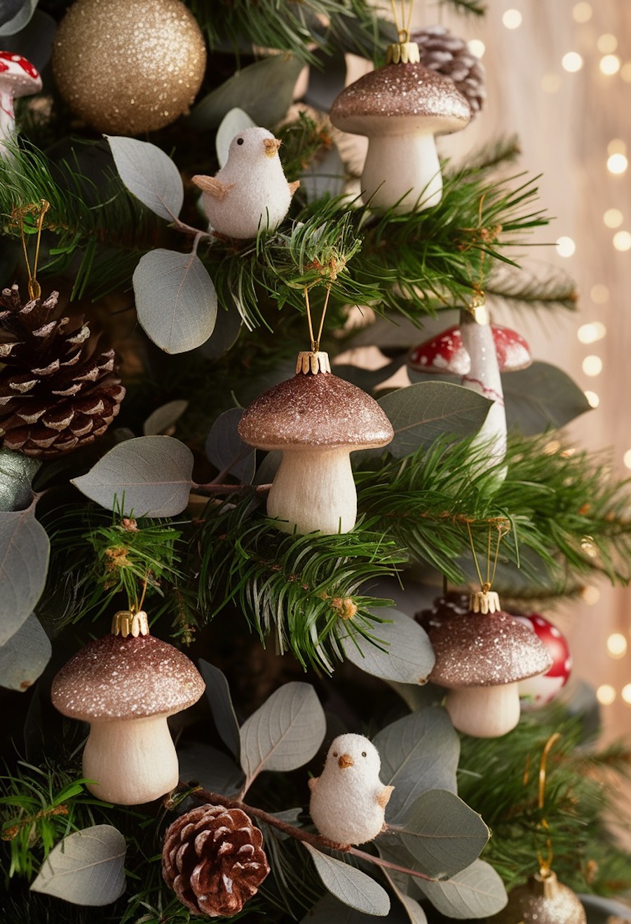 a christmas tree with doves, pinecones, and mushroom ornaments