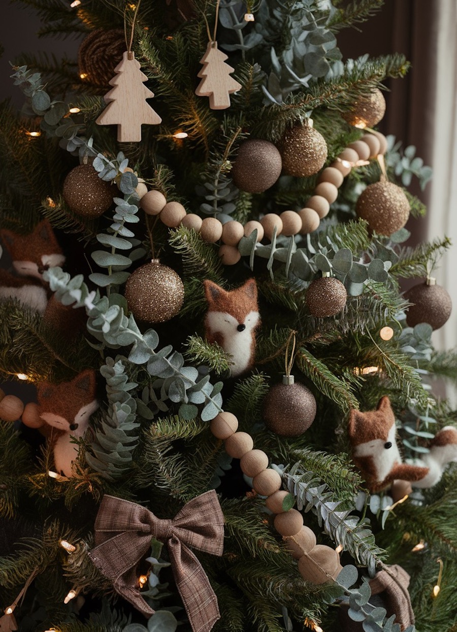 a christmas tree with foxes, wooden trees, and gold ornaments