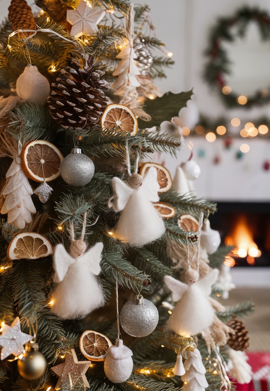 a christmas tree with dried oranges, pinecones, silver ornaments, and angels