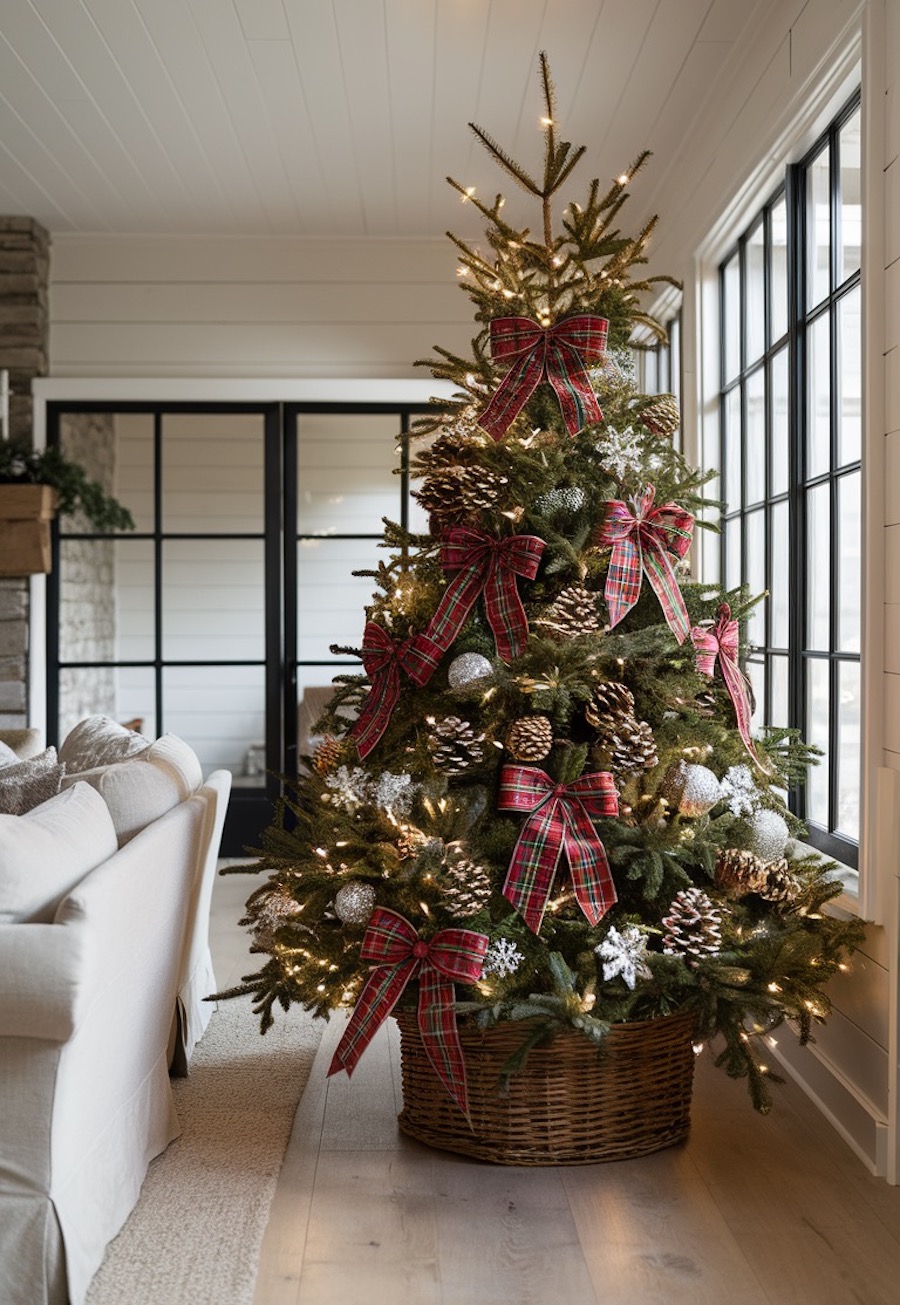 a christmas tree with large plaid bows, silver ornaments, and pinecones