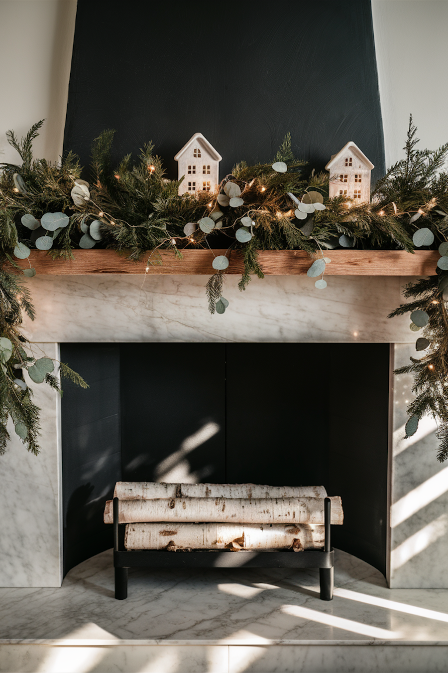 a fireplace with wooden logs, christmas garland, and wooden village homes