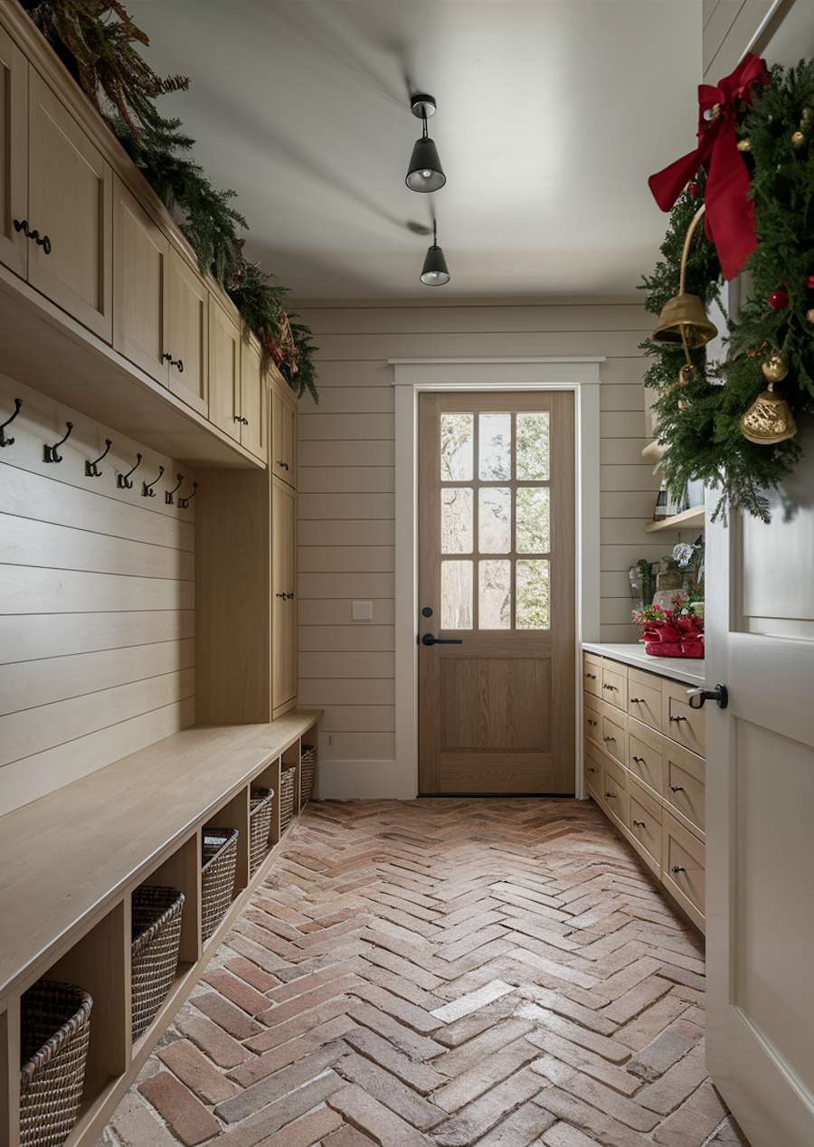 a mud room with garland, a christmas wreath, and other christmas decor