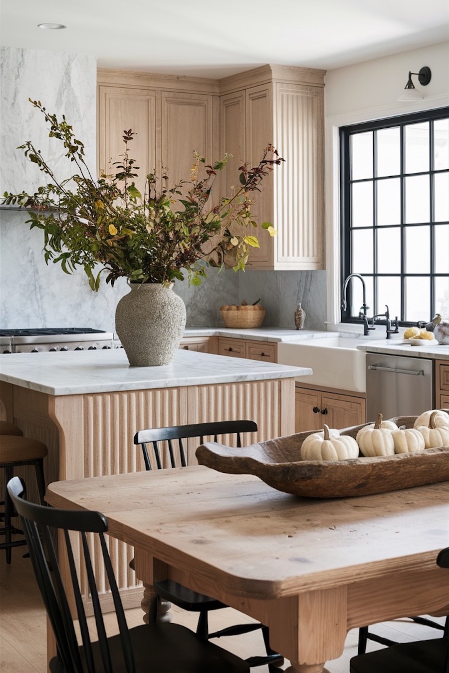 a large fall inspired bouquet and white pumpkins in a kitchen and dining room