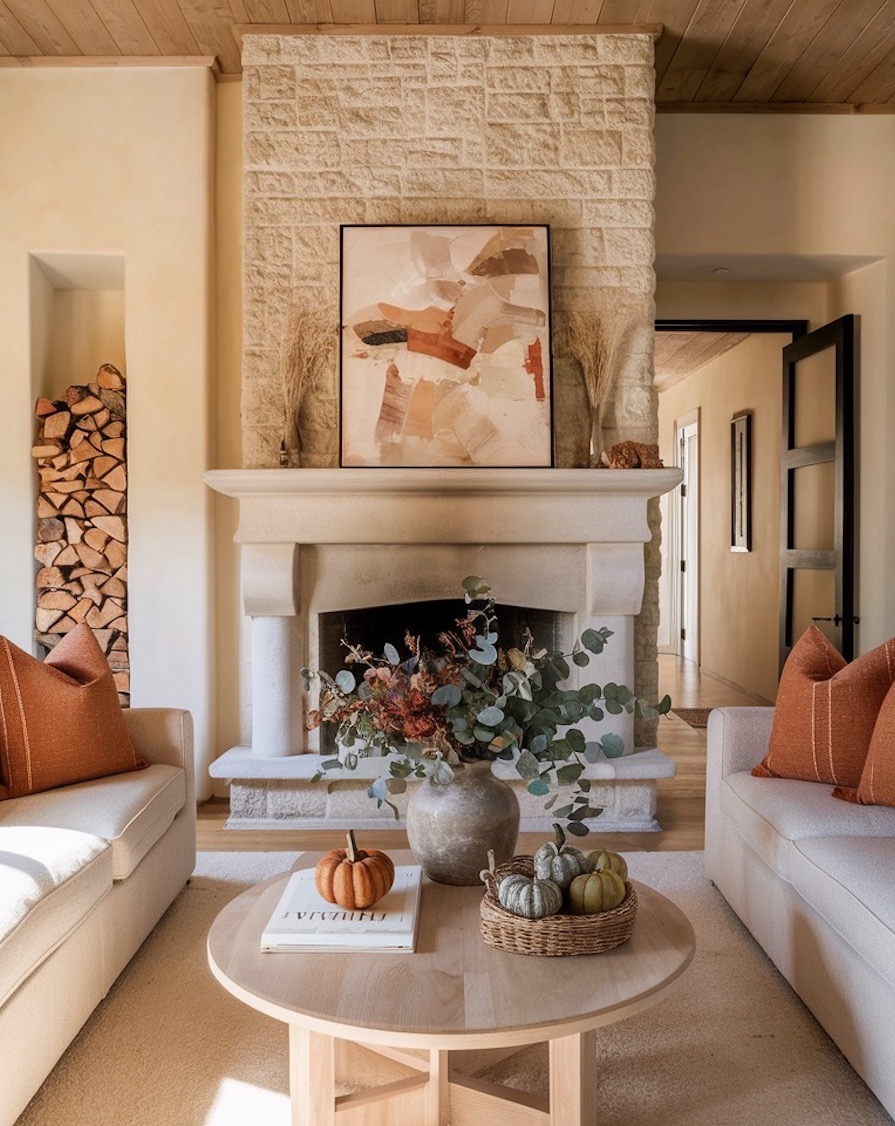 a living room featuring pumpkins, orange throw pillows, and a fall-inspired bouquet