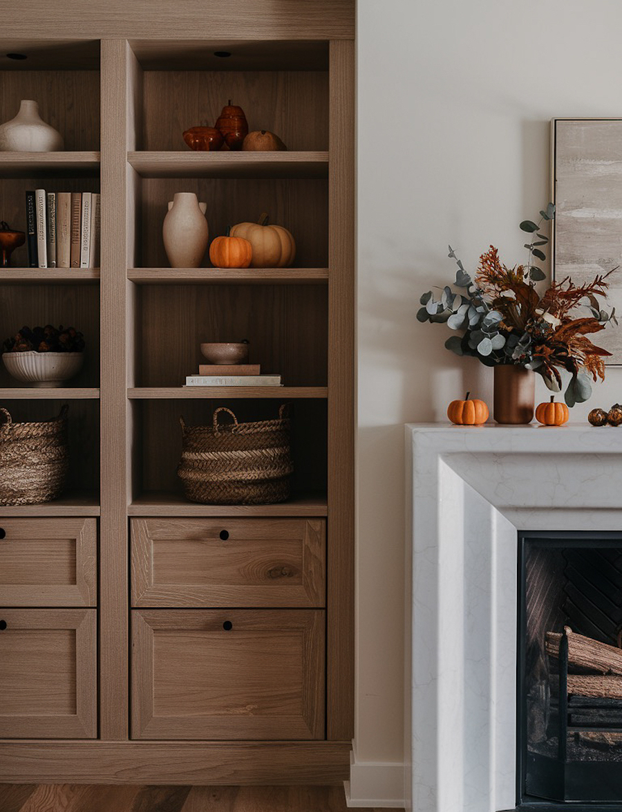 a living room featuring a fireplace and built-in shelves with fall foliage, pumpkins, and farmhouse decor