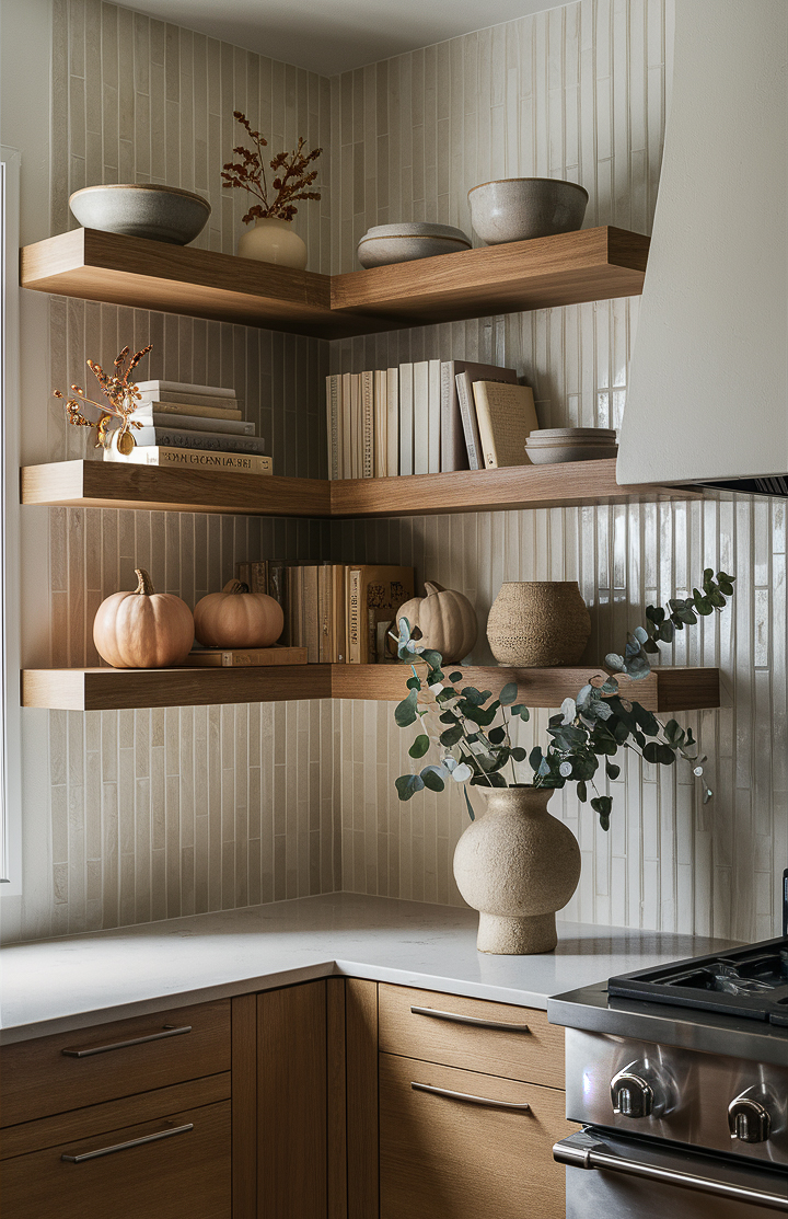 a kitchen corner featuring fall decor like pumpkins and eucalyptus bouquets