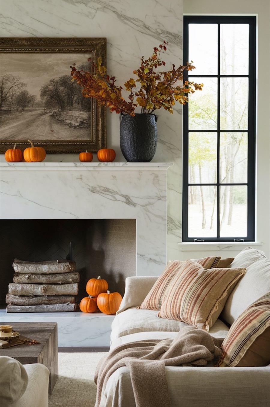 a living room featuring autumn-inspired decor such as pumpkins, fall foliage bouquets, patterned pillows, and vintage decor