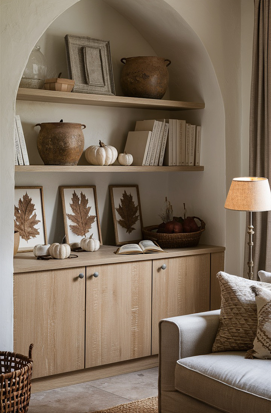 built-in shelves in a living room with fall leave prints, white pumpkins, and natural elements