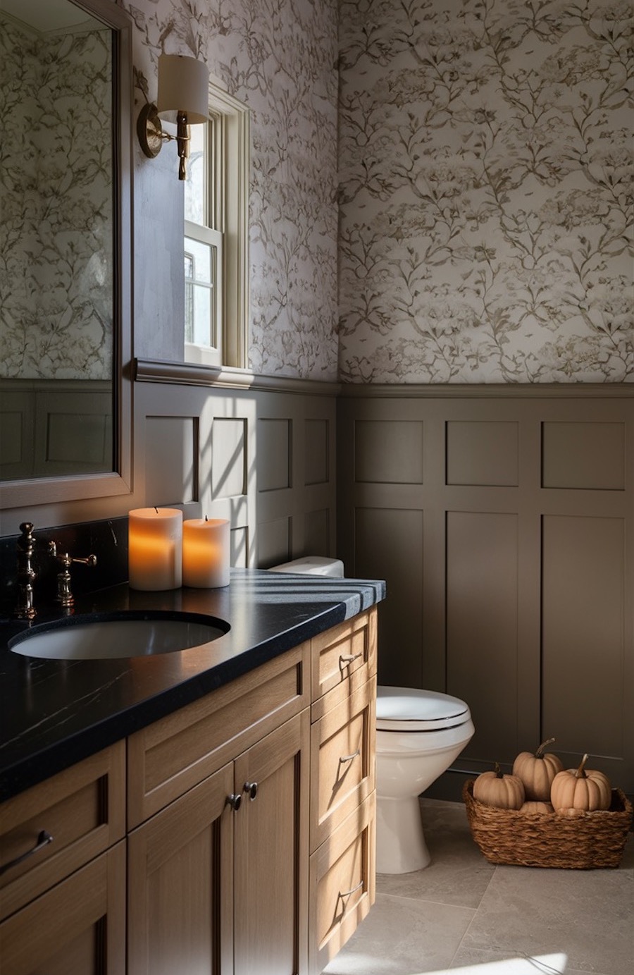 a moody cottagecore bathroom with pumpkin accents and candles