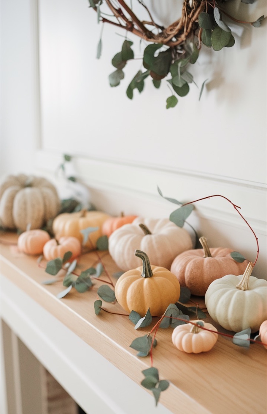 a wooden mantle with a variety of pumpkins and eucalyptus accents