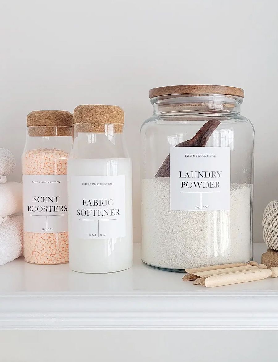 glass canisters with laundry essentials and old-fashioned laundry pins