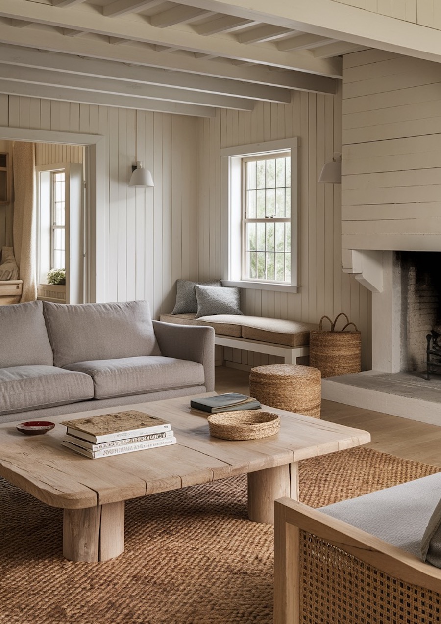 a coastal modern living room with warm soft neutrals