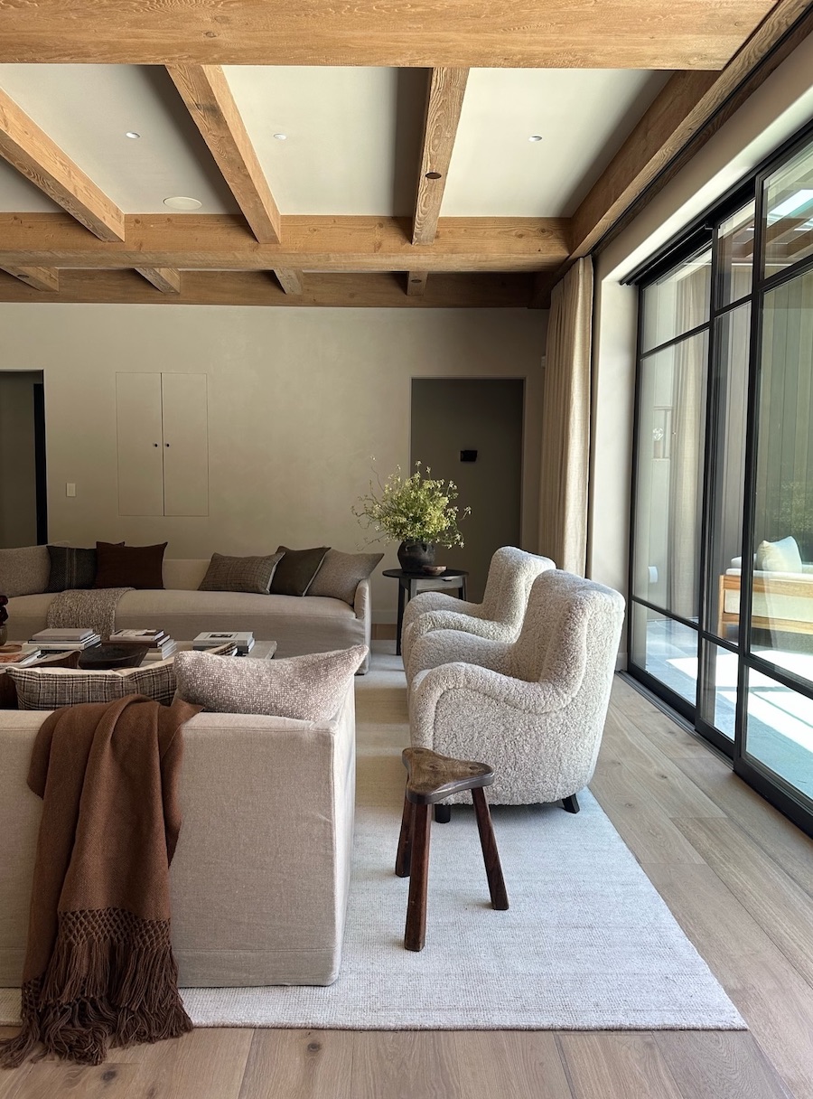 a living room with natural decor and modern furnishings